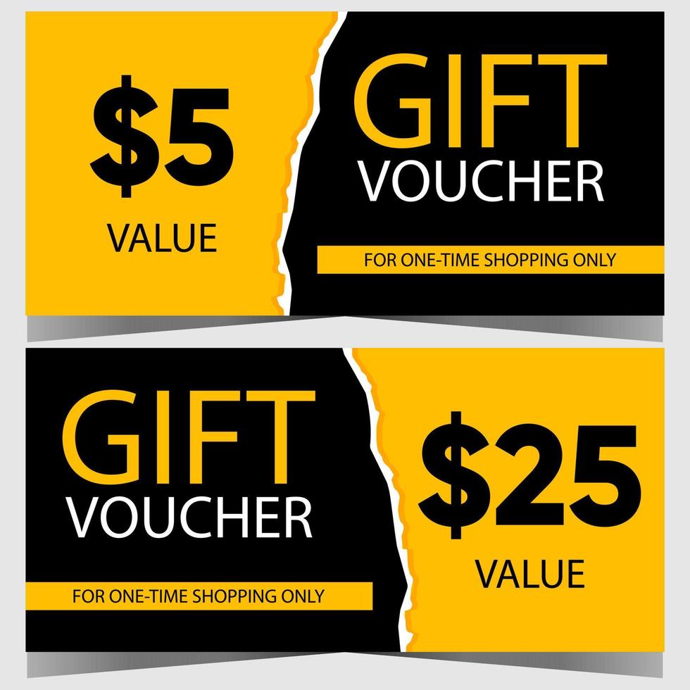 Gift voucher, coupon or certificate to get a discount for shopping during the sale and special offer season. Vector illustration in black and yellow colours for sales promotion and advertisement.