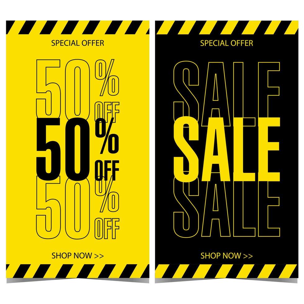 Vertical black yellow sale banner suitable for discount promotion and shopping season advertisement. Ready to print vector illustration in flat style for special offer announcement or best deal promo.