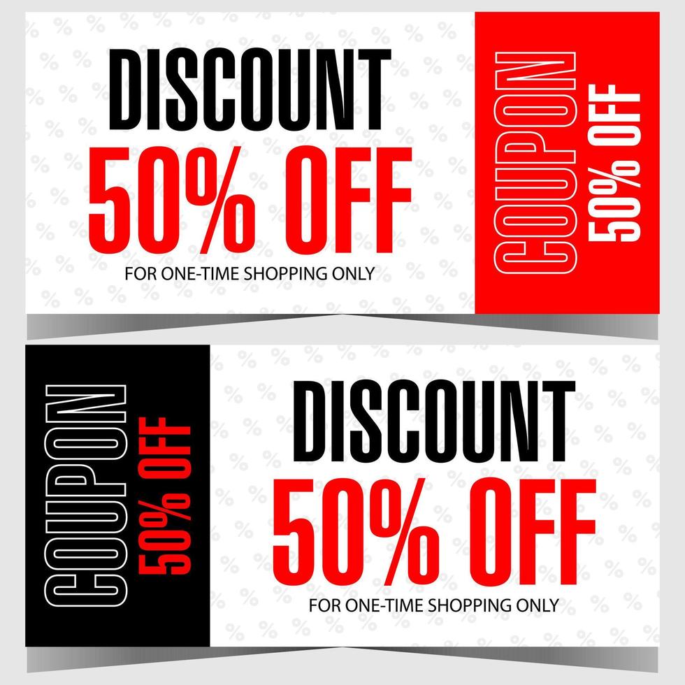 Discount coupon design template with indication of price reduction percentage. Vector illustration of discount tag or label suitable for sale or shopping season promotion and best offer advertising.