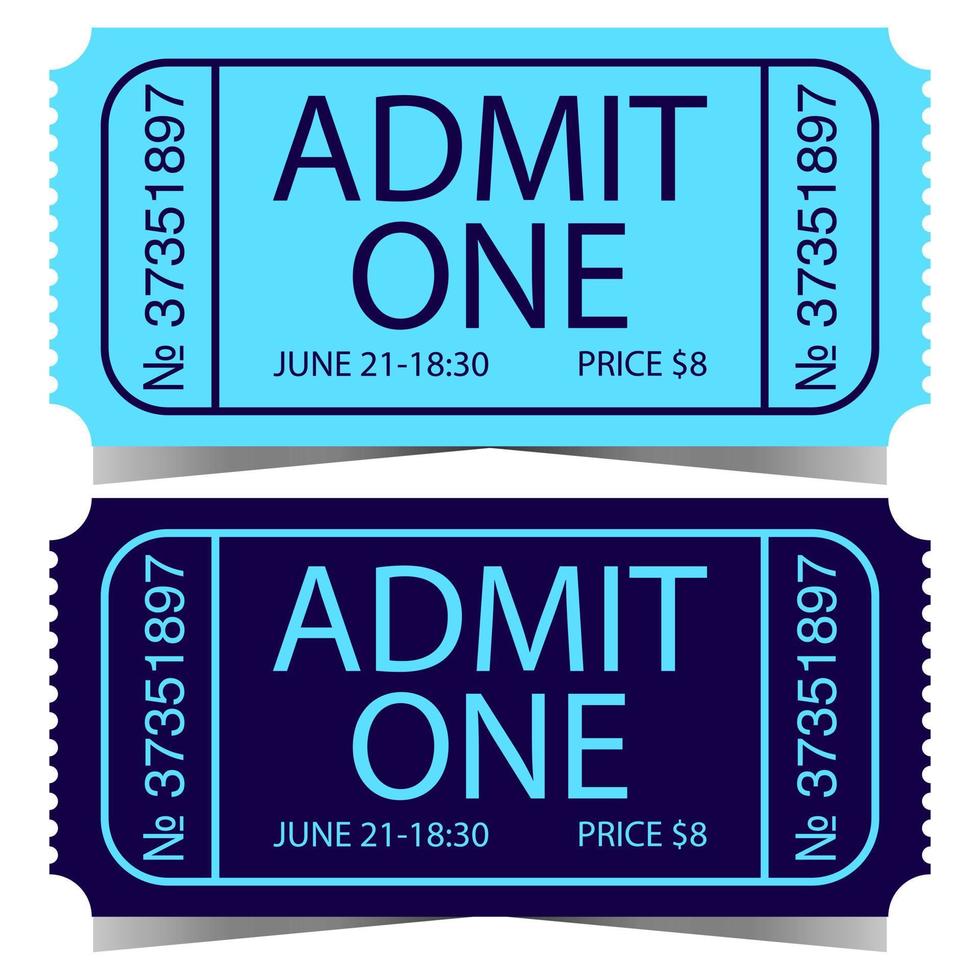 Ticket design with admit one inscription, number, date, time and price. Vector illustration of entry ticket or pass talon for cinema, theatre, circus or concert. Ready to print ticket symbol or icon.