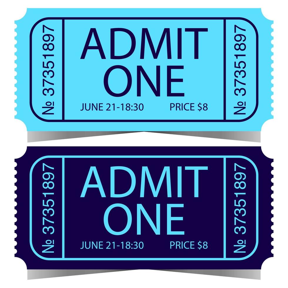 Ticket design with admit one inscription, number, date, time and price. Vector illustration of entry ticket or pass talon for cinema, theatre, circus or concert. Ready to print ticket symbol or icon.