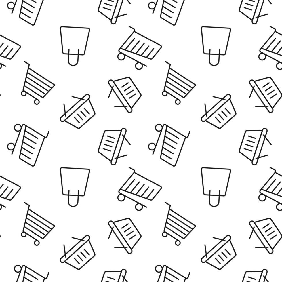 Monochrome vector seamless pattern of shopping cart, bag, basket for web sites and polygraphy