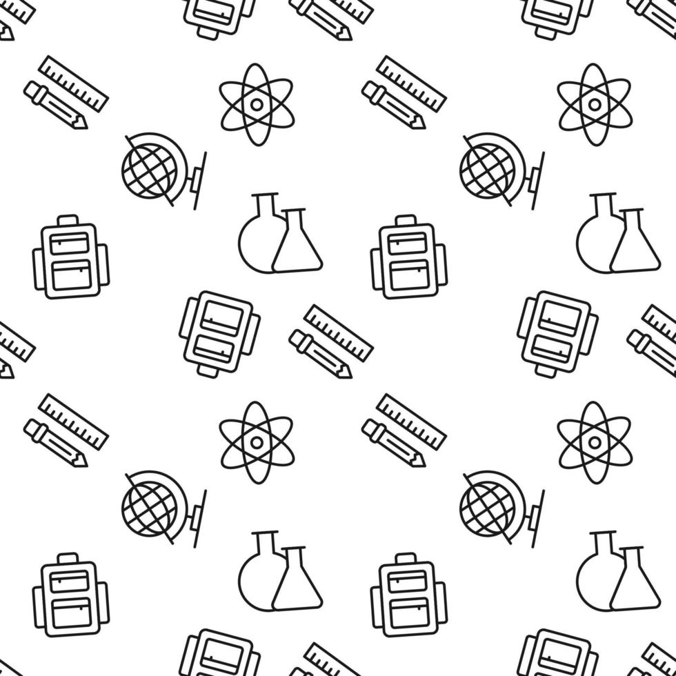 Seamless pattern of liner and pencil, backpack, globe, laboratory bulbs, isolated atom. Perfect for wallpapers, covers, backgrounds, fabric, textile vector