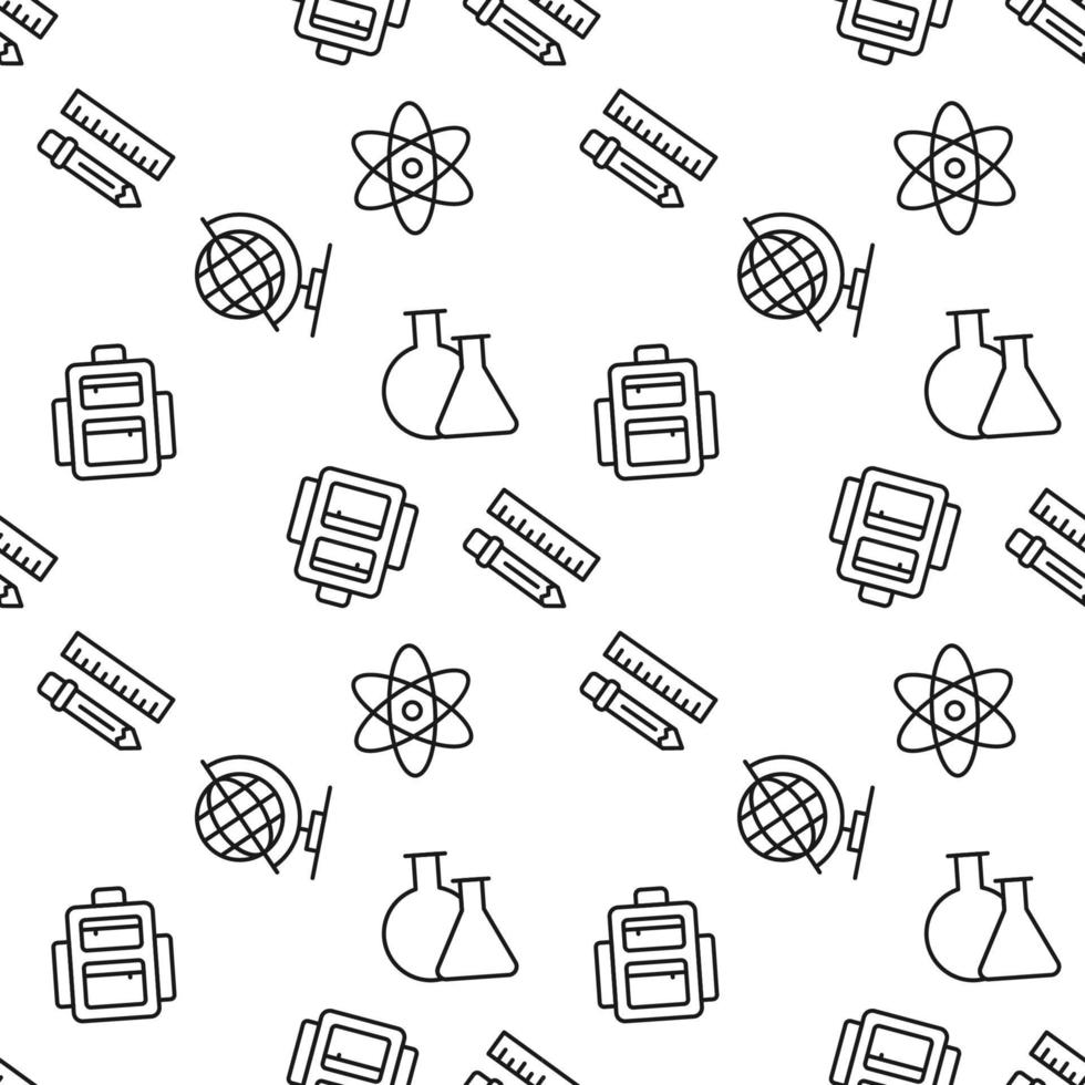 Seamless pattern of liner and pencil, backpack, globe, laboratory bulbs, isolated atom. Perfect for wallpapers, covers, backgrounds, fabric, textile vector