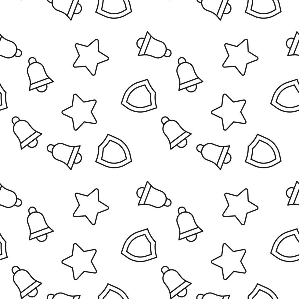 Seamless vector repeating pattern of bell, star, shield is made of line icons for polygraphy and websites