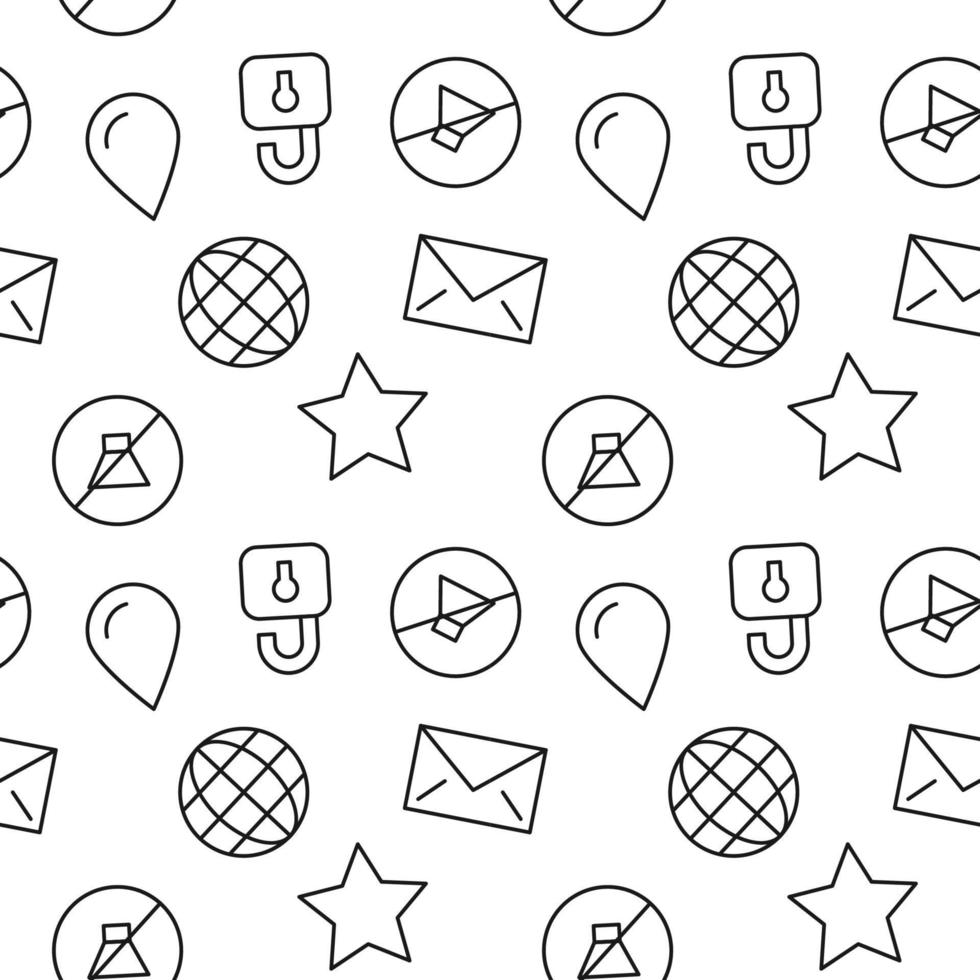 Monochrome vector seamless pattern of planet, star, drop, envelope for web sites and polygraphy