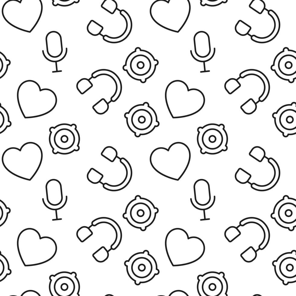 Seamless repeating monochrome pattern of loud speaker, musical note, heart, microphone, headphone. Perfect for web sites, apps, shops, backgrounds, wallpapers vector
