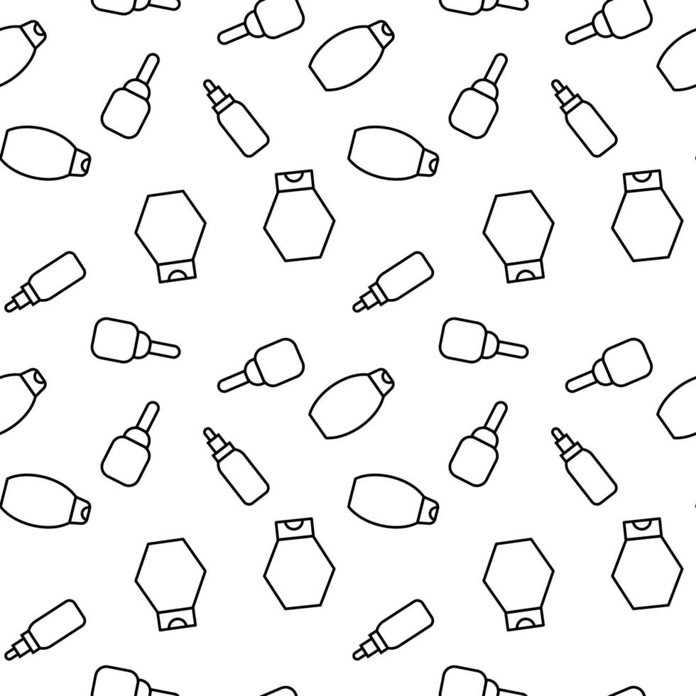 Vector seamless pattern of bottles for shampoo and soap on white background. It can be used for textile, backgrounds, placards