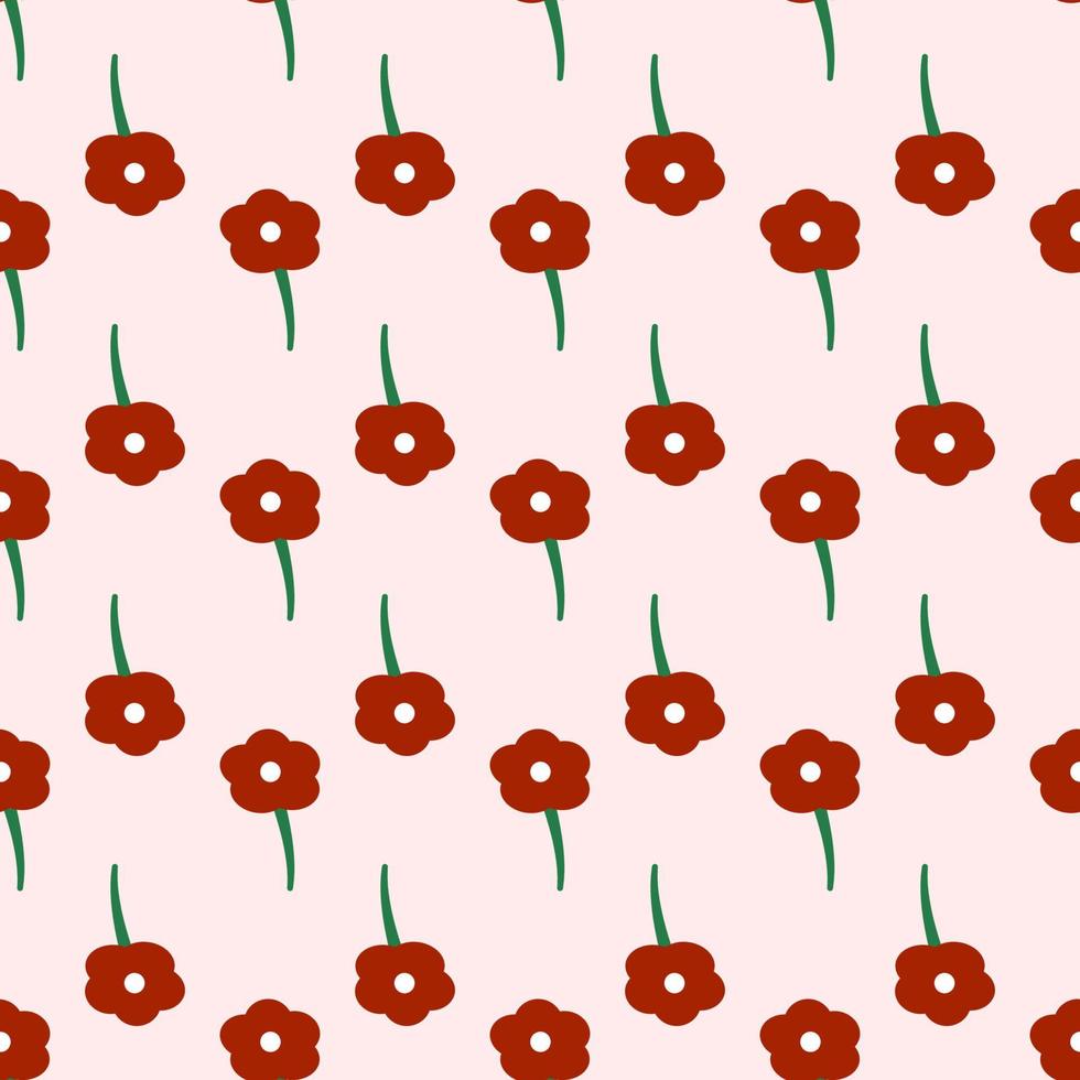Seamless vector pattern of red flower with dark green stem and petals