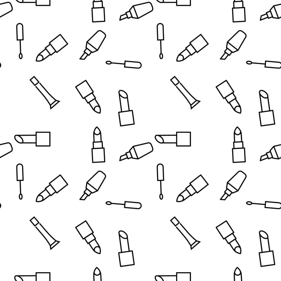 Seamless vector repeating pattern of lip stick, lip gloss, tint is made of line icons for polygraphy and websites