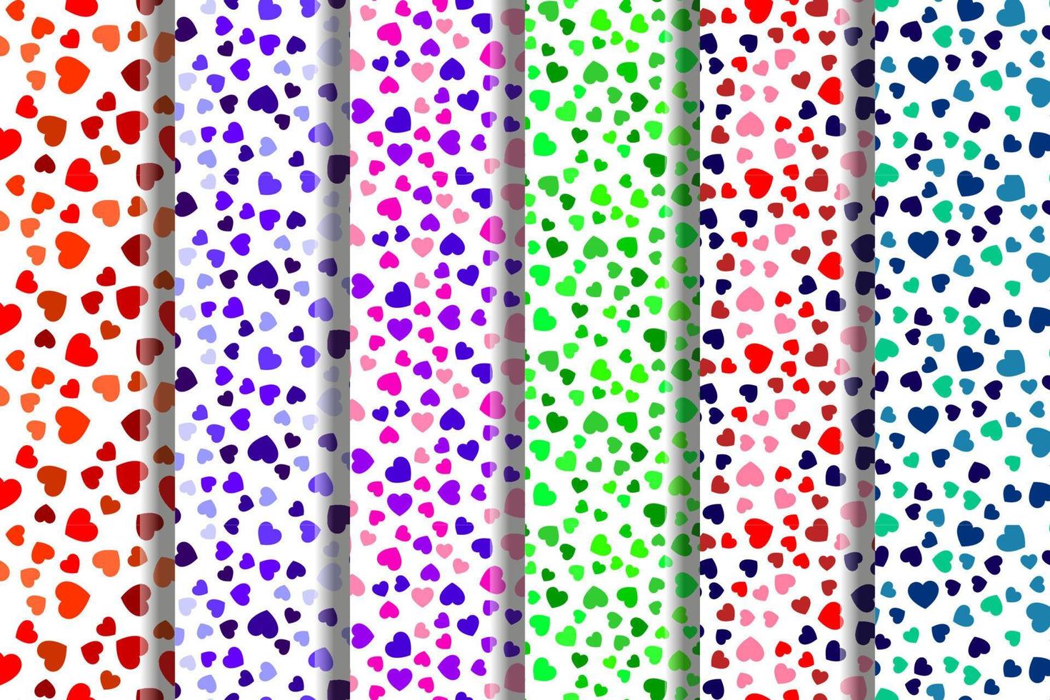 Collection of repeating seamless patterns of vibrant, blue, pink, green, red, turquoise hearts for printing on various surfaces such as postcards, placards, fabric, papers, dishes etc vector