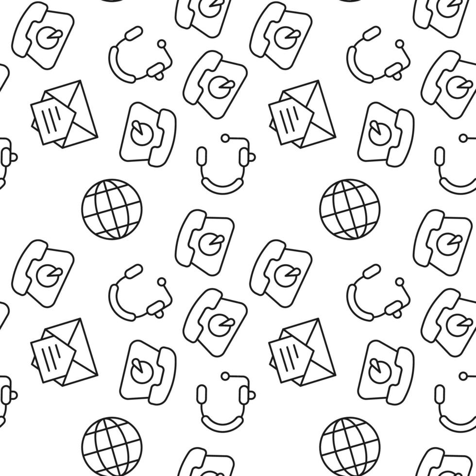 Vector seamless pattern of globe, phone, letter in envelope on white background. It can be used for textile, backgrounds, placards