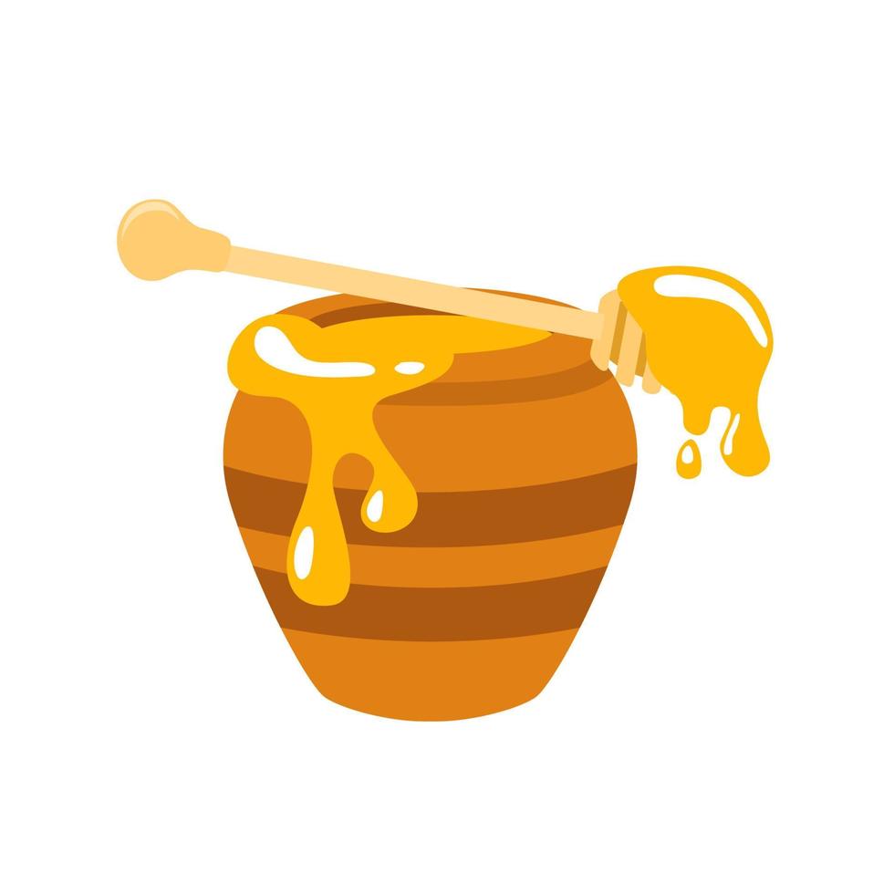 Honey pot and wooden dipper icon on white background. Vector illustration.