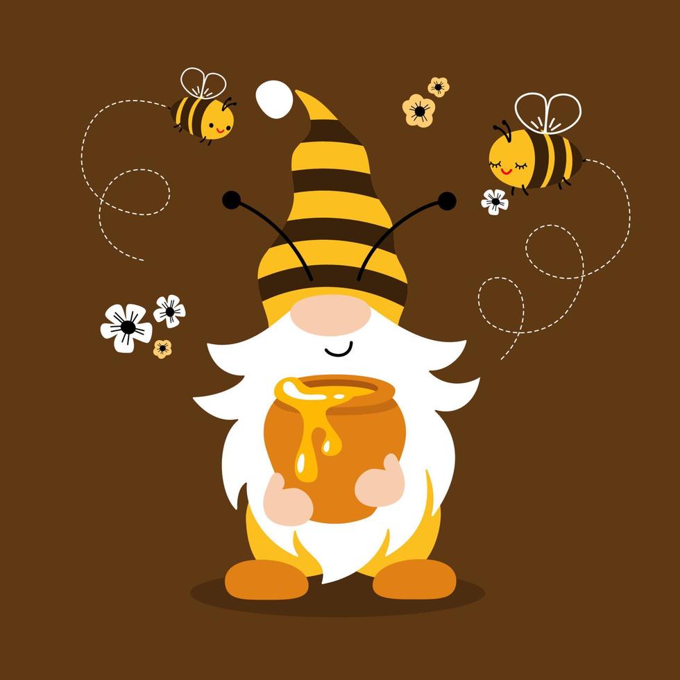 Cute gnome with a pot of honey and bees. Vector illustration isolated on white background.