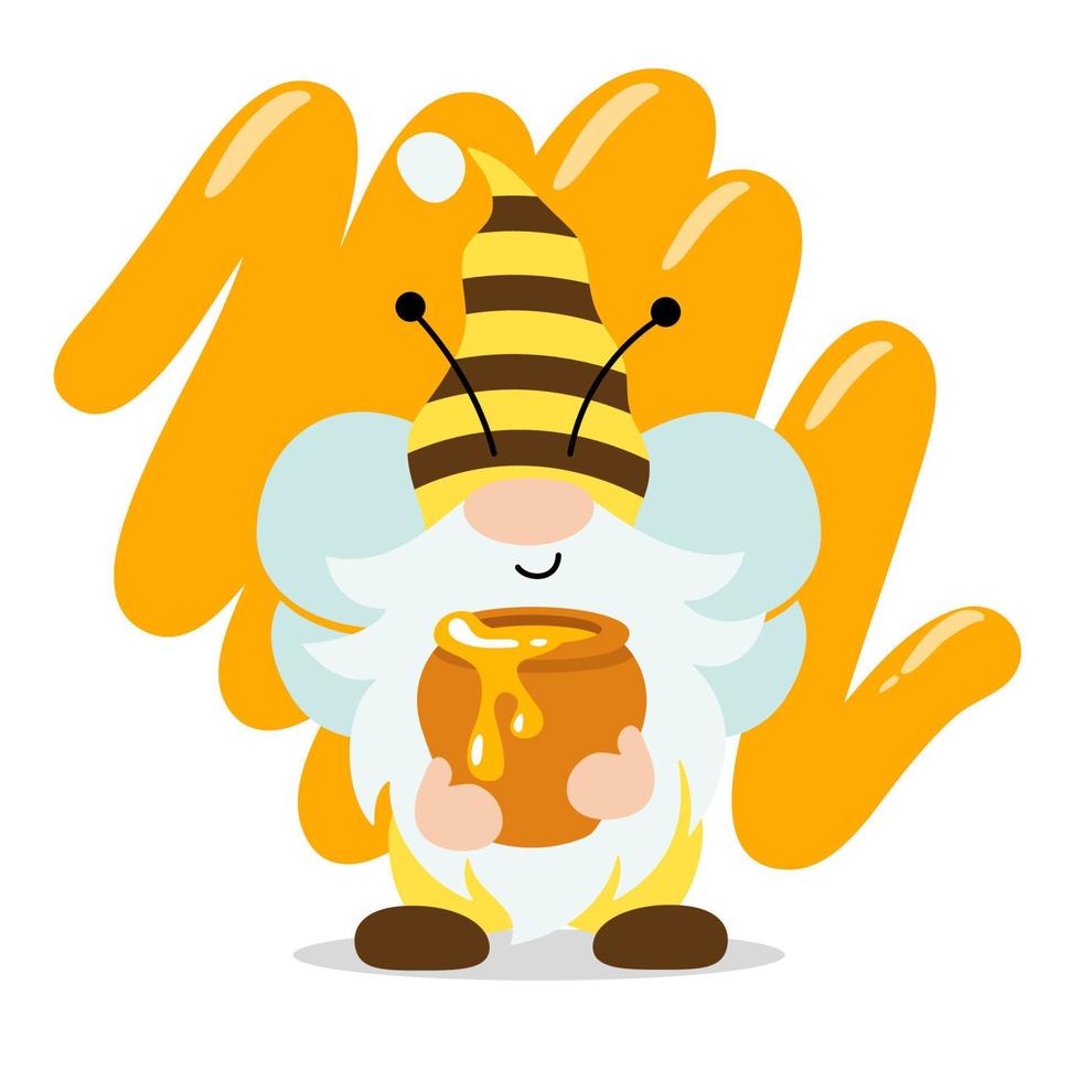 Cute gnome with a pot of honey and bees. Vector illustration isolated on white background.