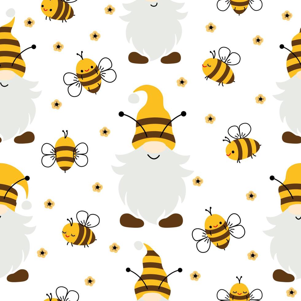 Vector seamless pattern with flying cartoon bees and gnomes on white background. Illustration for children used for magazine, book, poster, card, web pages.