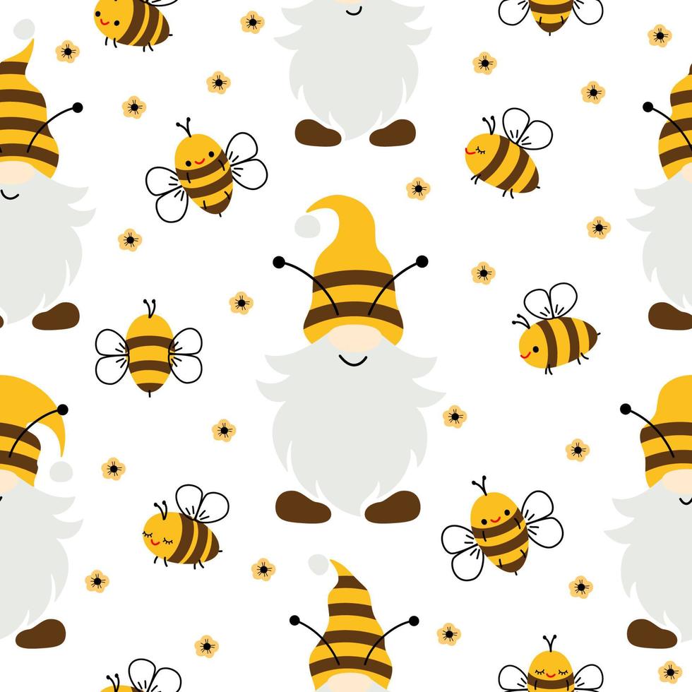 vector sin costura modelo con volador dibujos animados abejas y gnomos en blanco antecedentes. ilustración para niños usado para revista, libro, póster, tarjeta, web paginas