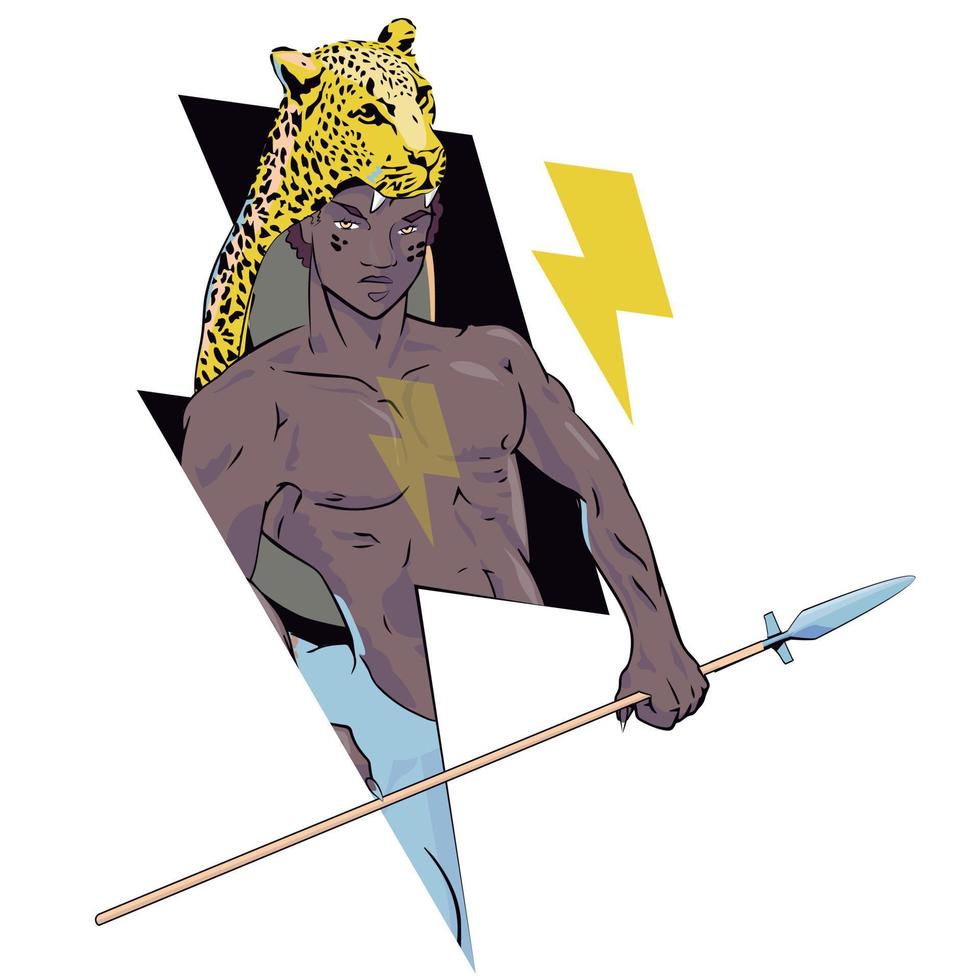 vector illustration of a young african man with a spear and the symbol of thunderbolt.