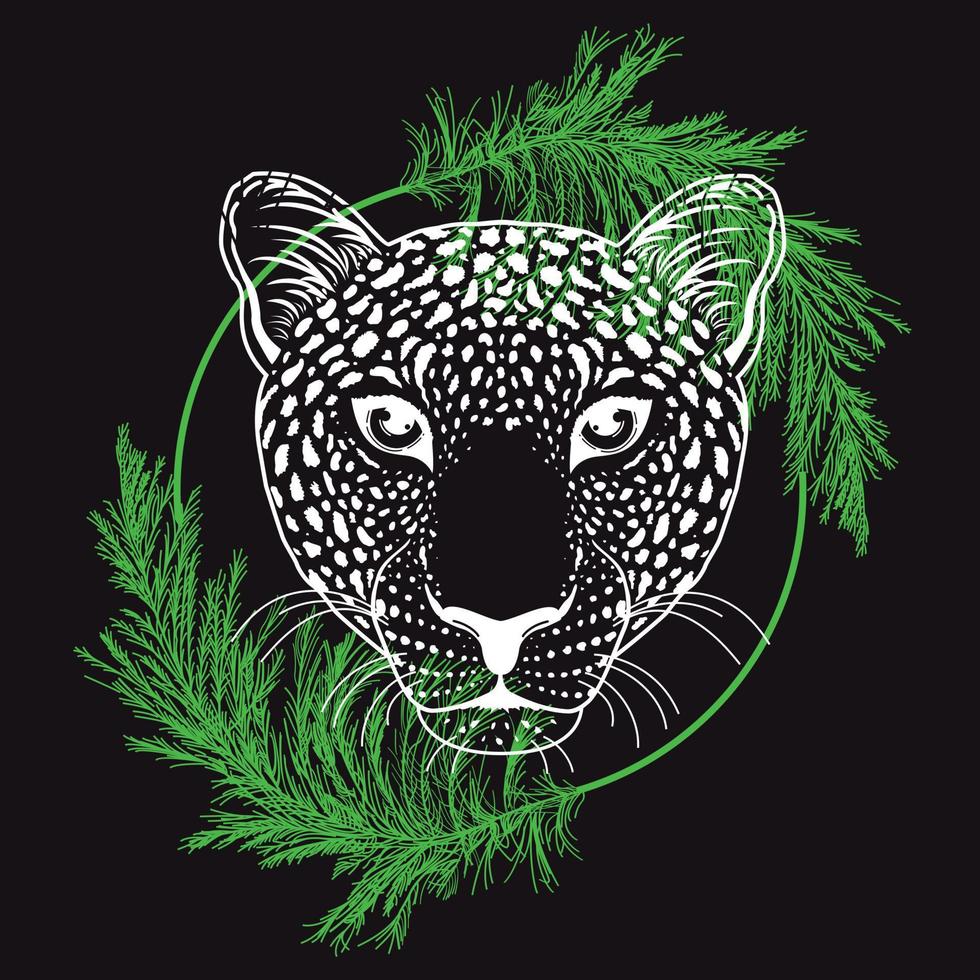 illustration for t-shirt of a leopard head with mistletoe inside a circle. Vector design of animal life.