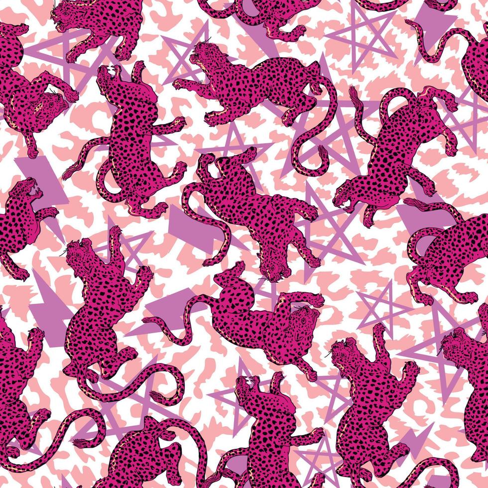 seamless pattern with leopards, symbols of thunderbolt and stars on a pink background. Vector design for the textile industry.