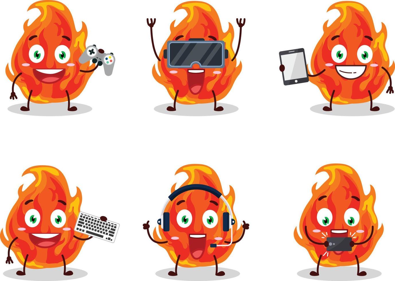 Fire cartoon character are playing games with various cute emoticons vector