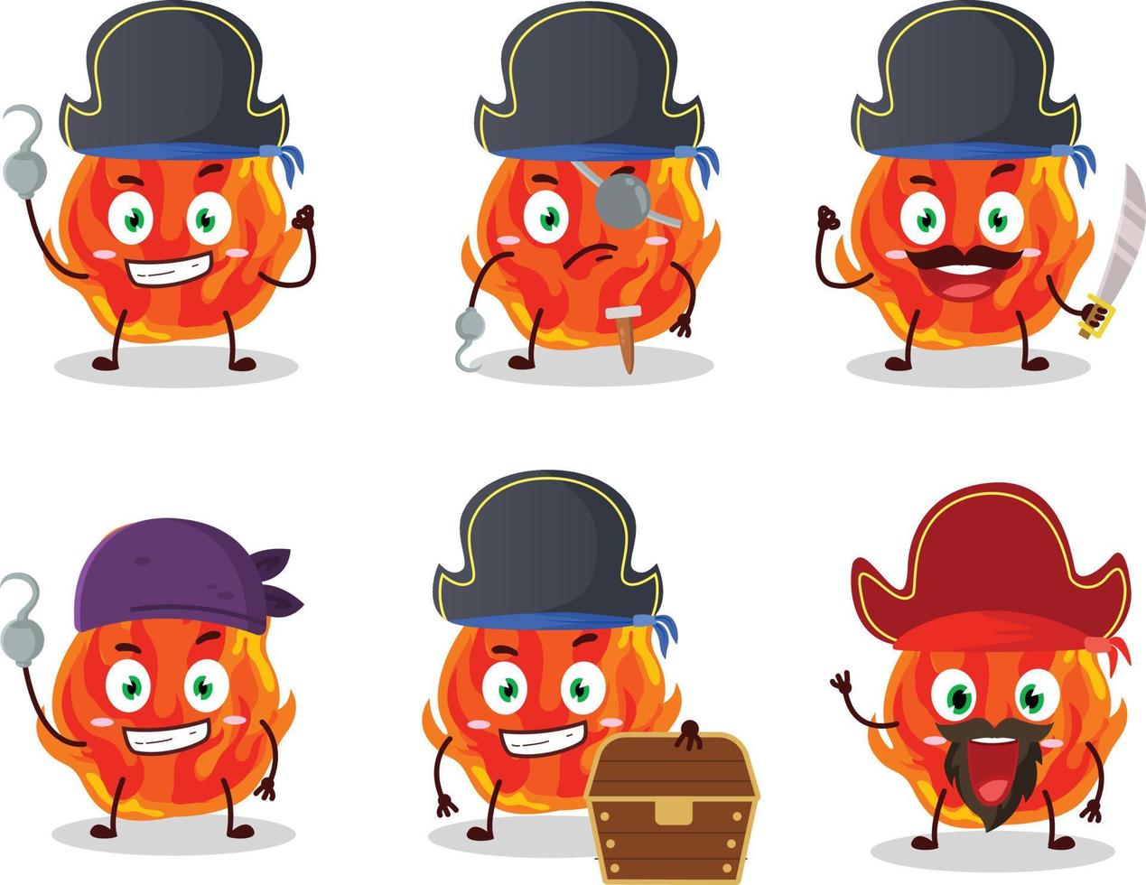 Cartoon character of fire with various pirates emoticons vector