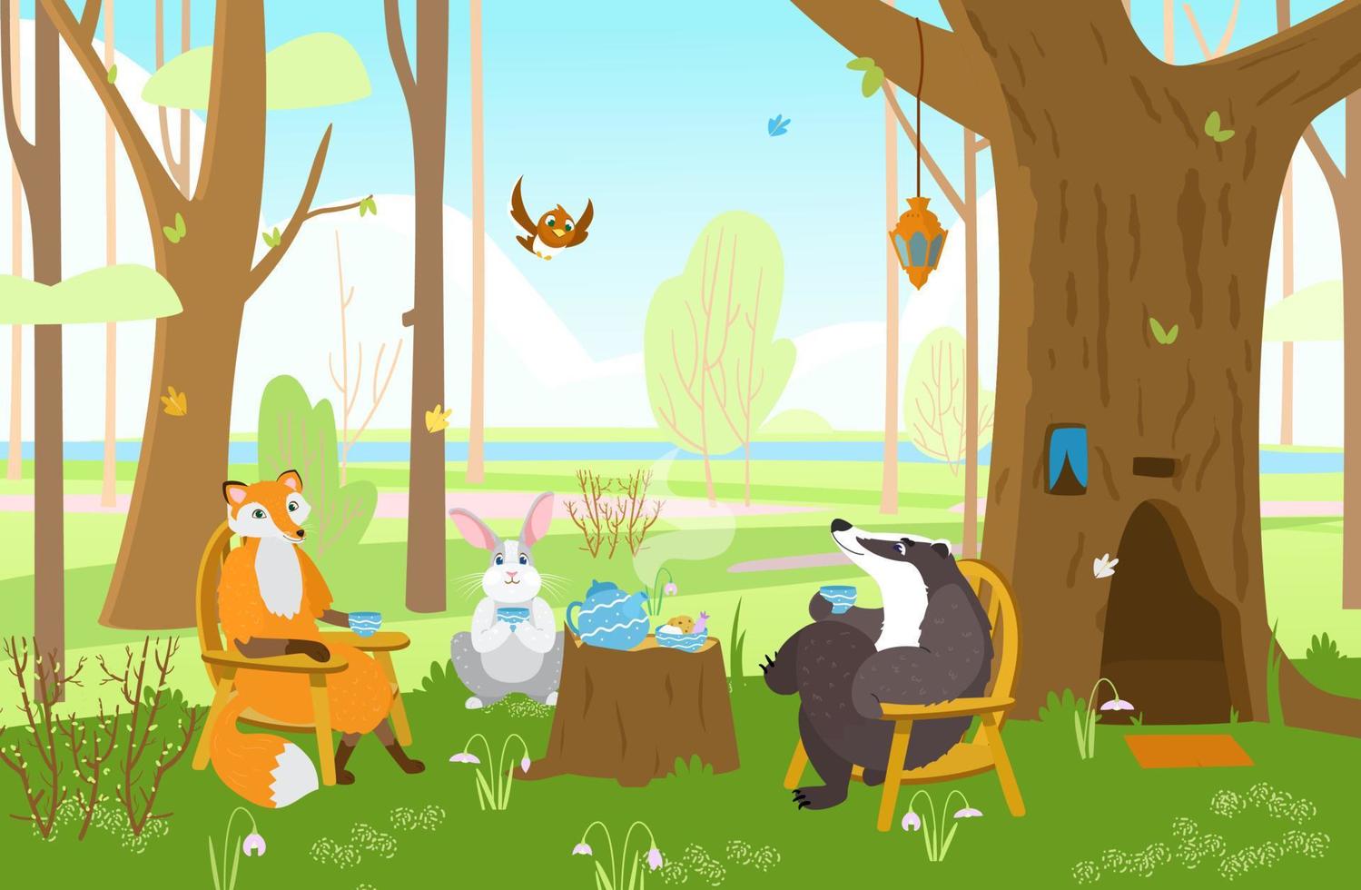 Animals in spring forest having tea party. Fox, bunny and badger drinking tea near badger's tree house. Cute cartoon vector illustartion.