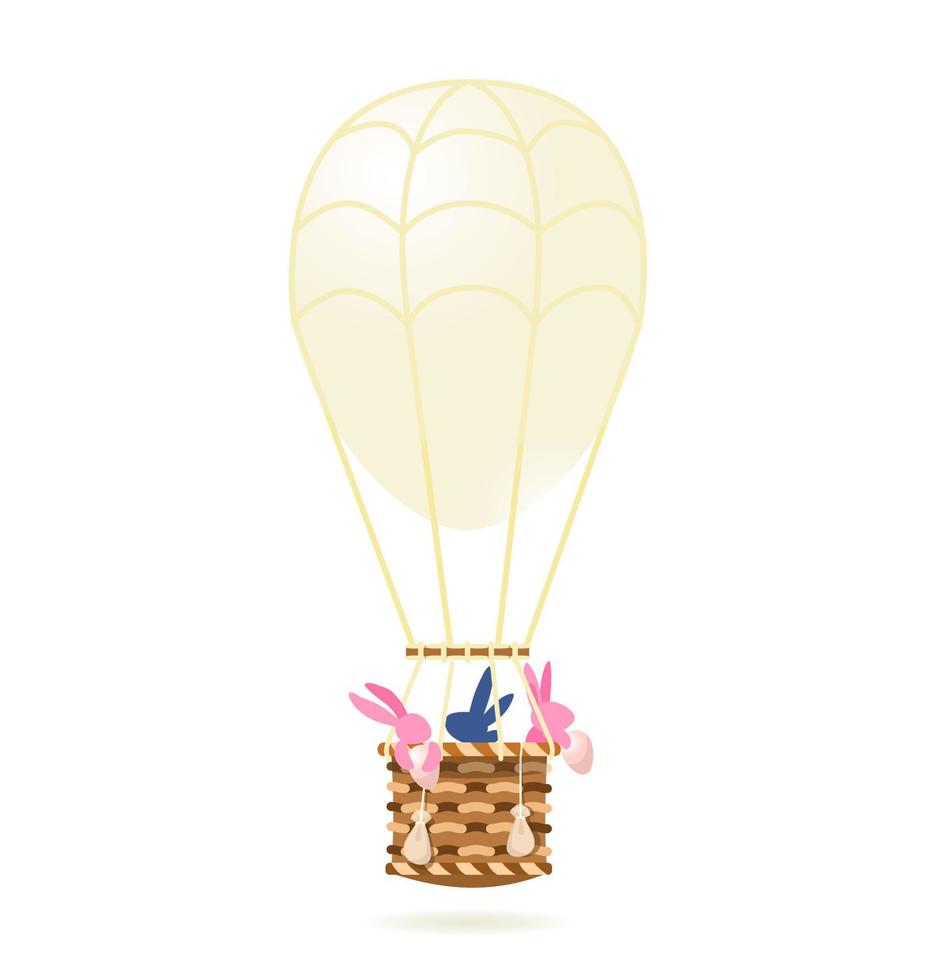 Easter egg shape hot air balloon with bunnies with eggs isolated. Easter bunnies travelling in a balloon collecting eggs. Vector Cartoon Illustration.
