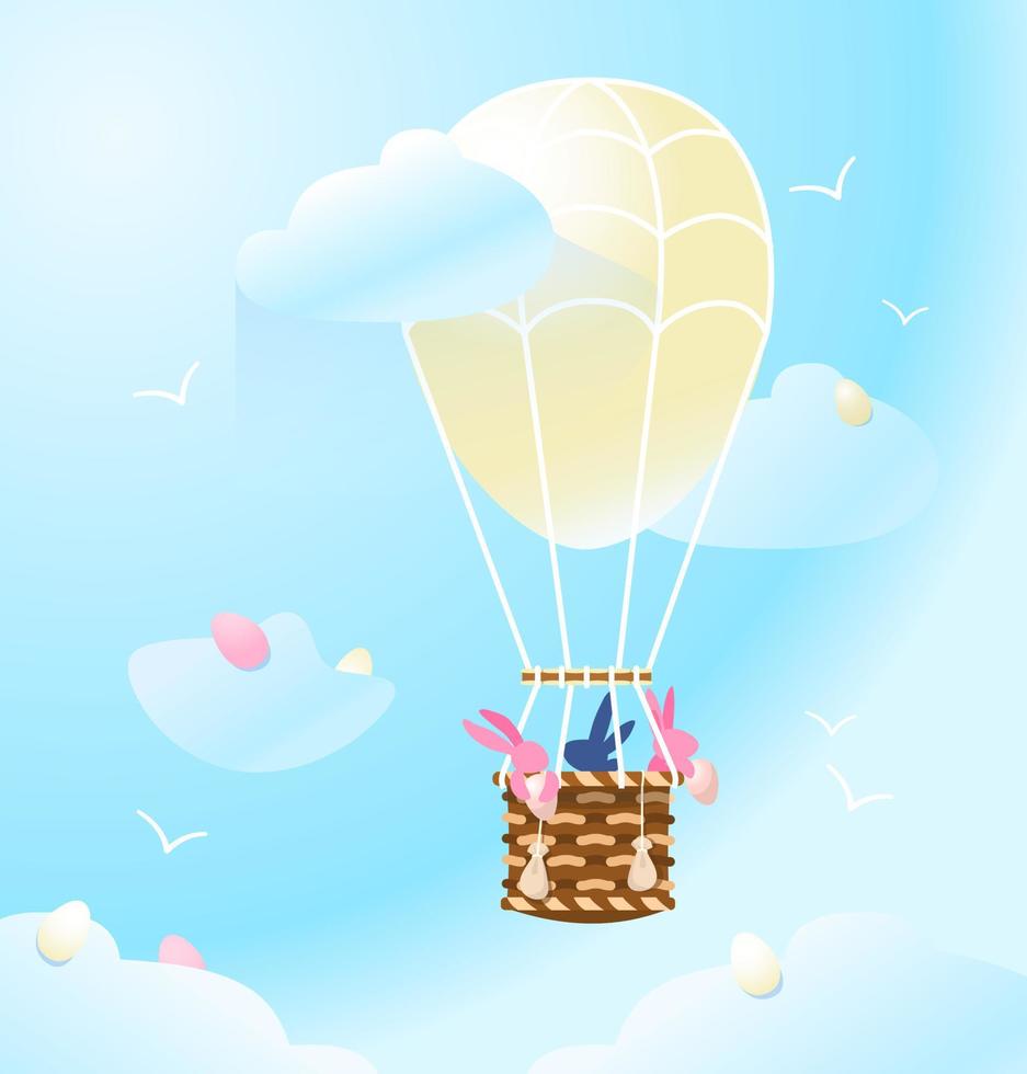 Vector Creative Happy Easter postcard.  Easter bunnies travelling in a hot air balloon collecting eggs from the clouds. Egg hunt.