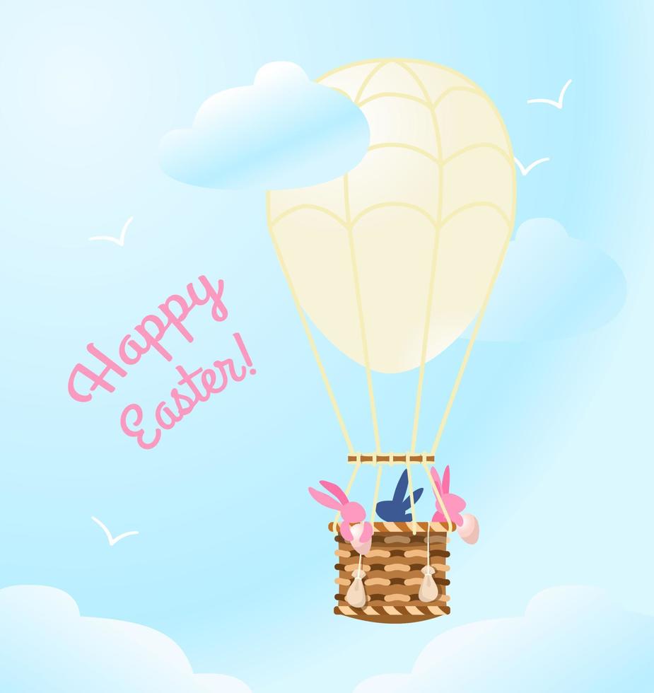 Vector Creative Happy Easter postcard.  Easter bunnies travelling in a hot air balloon throwing eggs down.