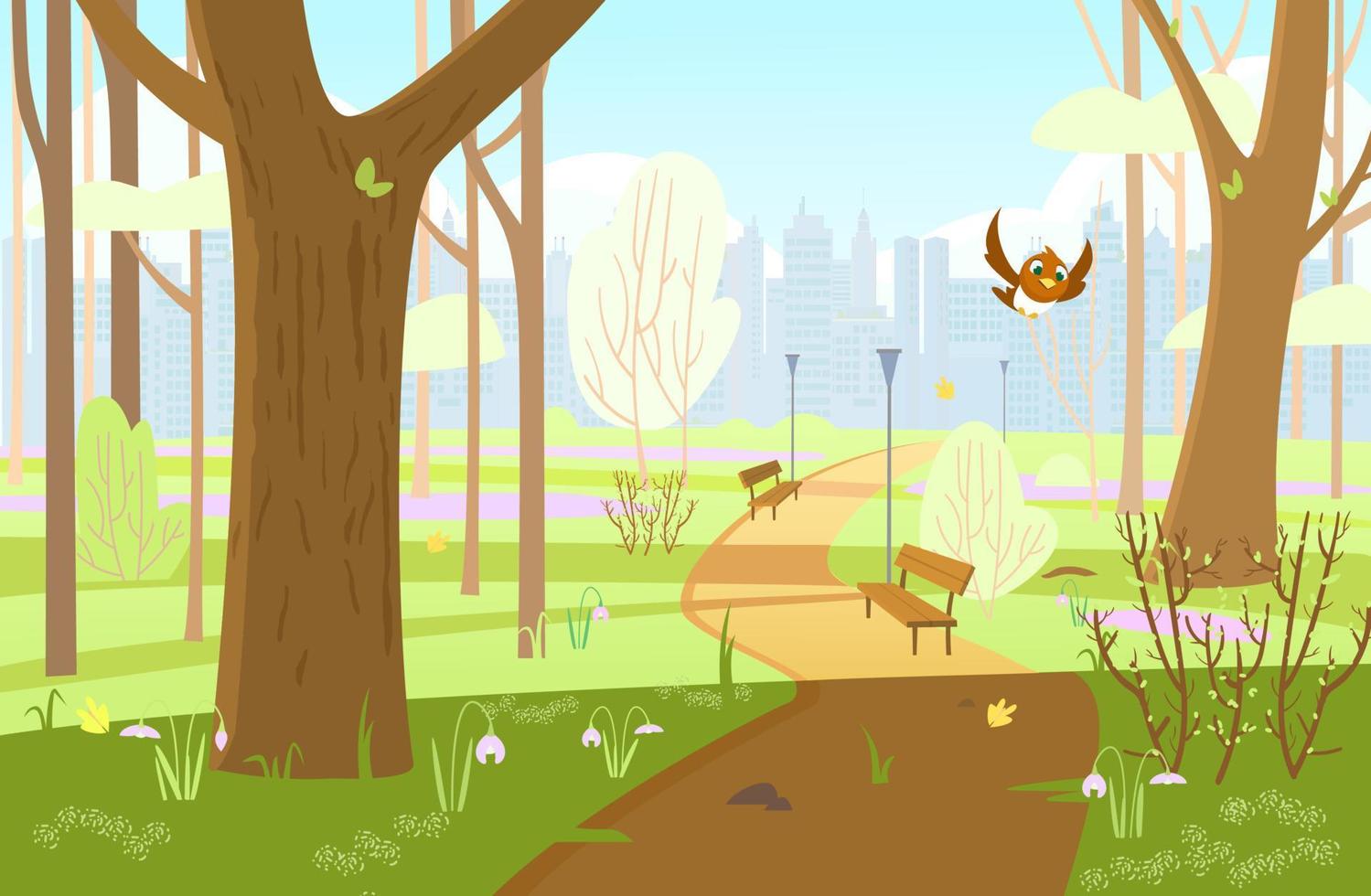 Spring park with trees, bushes, first flowers, foot path, bird flying, benches, city silhouette. Spring background. Cartoon vector illustration.