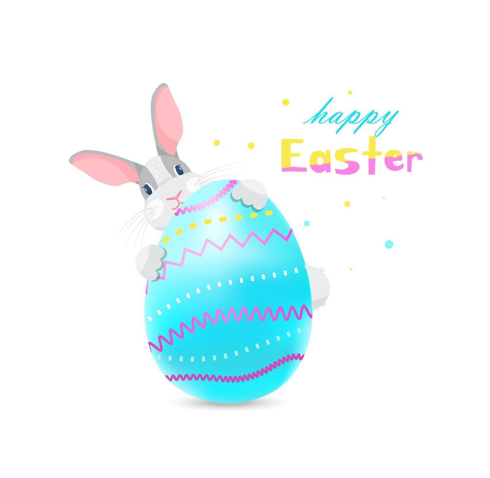 Easter bunny peeking from behind big 3D colorful egg. Happy Easter vector greeting card.