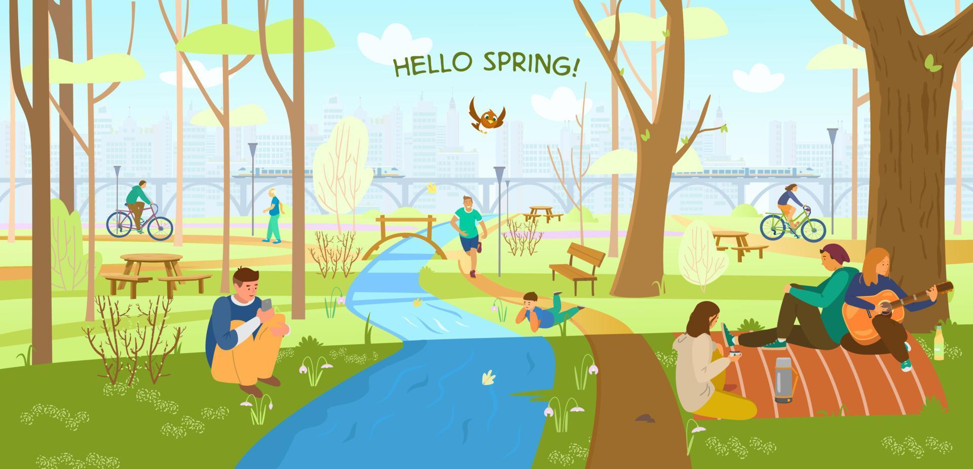 Spring park with people relaxing and doing sports. Hello spring horizontal banner. Friends having picnic, riding bikes, walking, running, boy laying on grass. City silhouette. Cartoon vector. vector