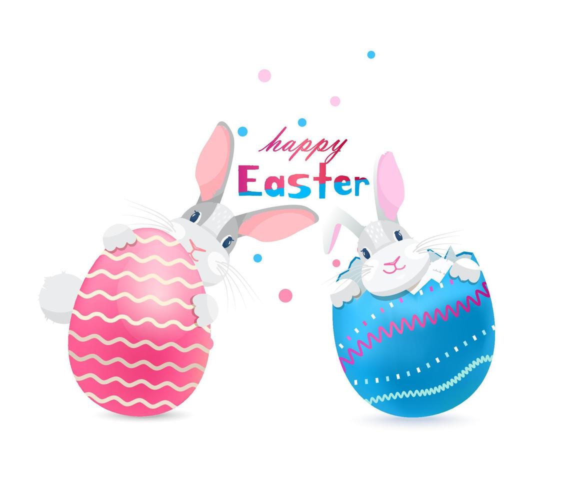 Happy Easter  vector greeting card with two funny bunnies in and behind colorful egg.