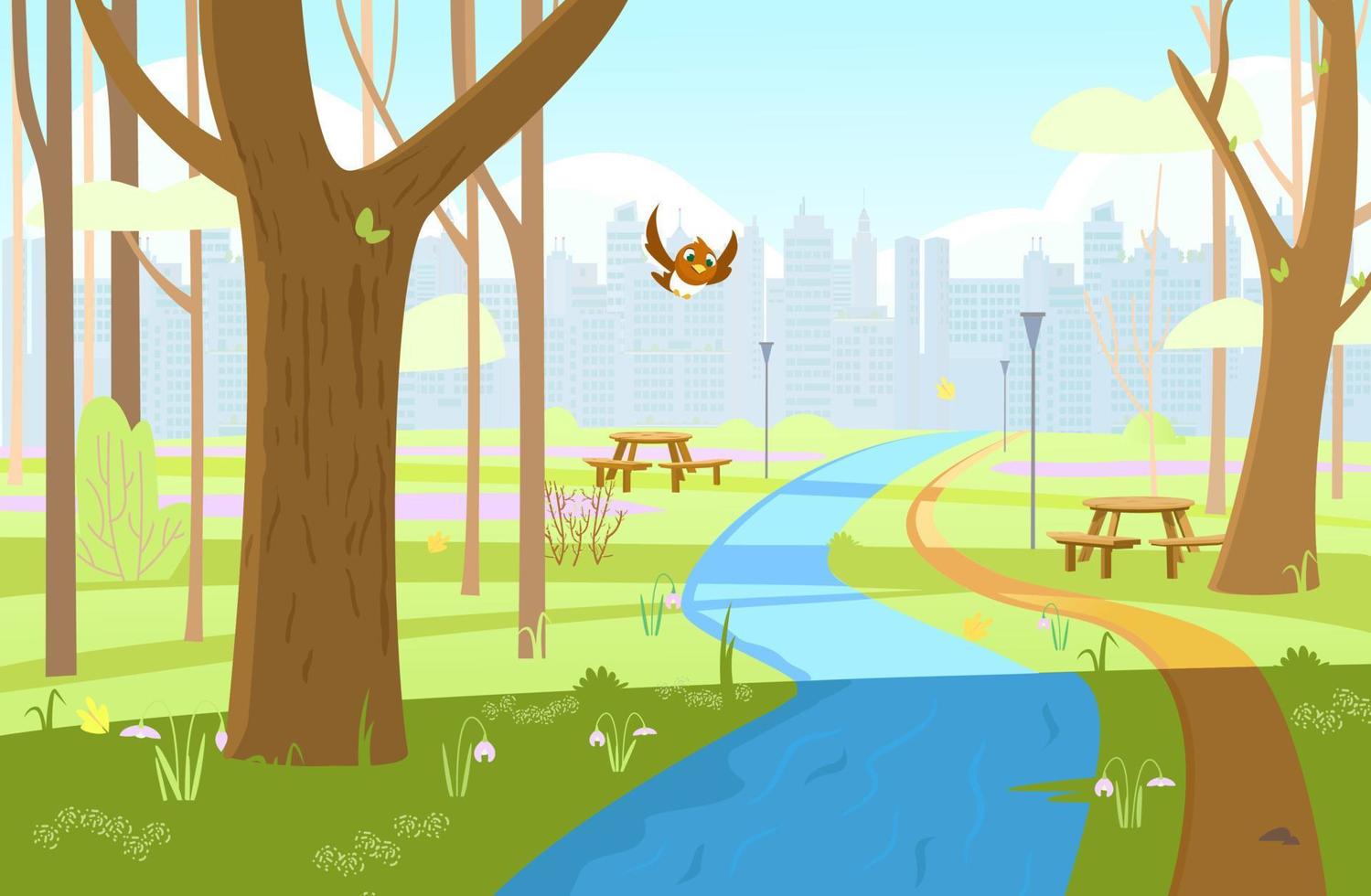 Spring park with trees, bushes, first flowers, foot path, bird flying, benches, city silhouette. Spring background. Cartoon vector illustration.