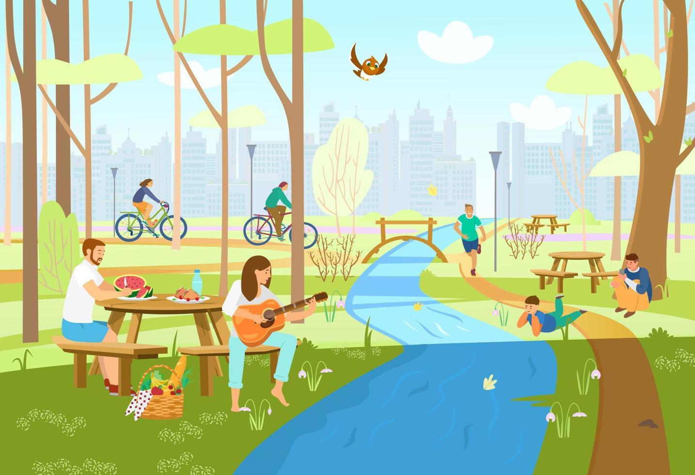 People in spring city park having picnic, riding bikes, running, playing guitar, taking photos, enjoying nature. Park scene with picnic tables, river with bridge, city silhouette. Cartoon vector. vector