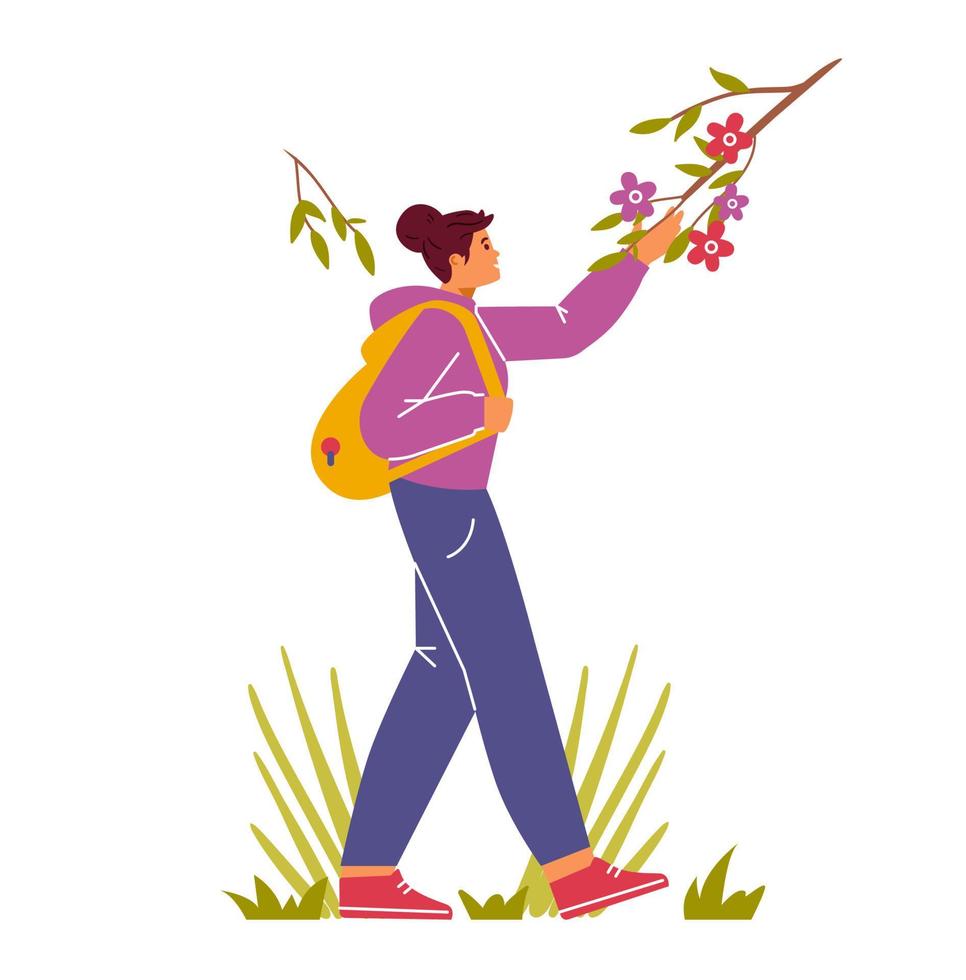 Harmony with nature concept vector illustration. Young woman with backpack walking outdoors, touching branch with flowers.