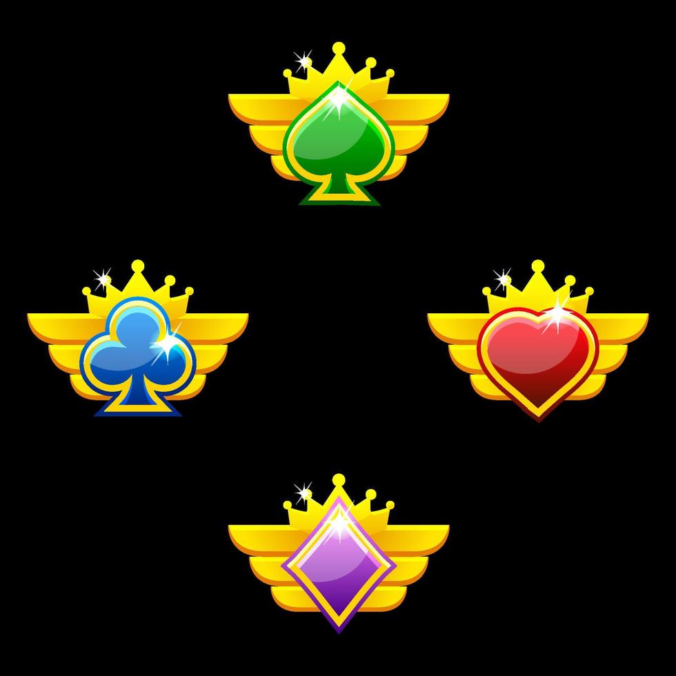 Set of colored award badges for casino and 2D game. Heart, spade, club and diamond. vector