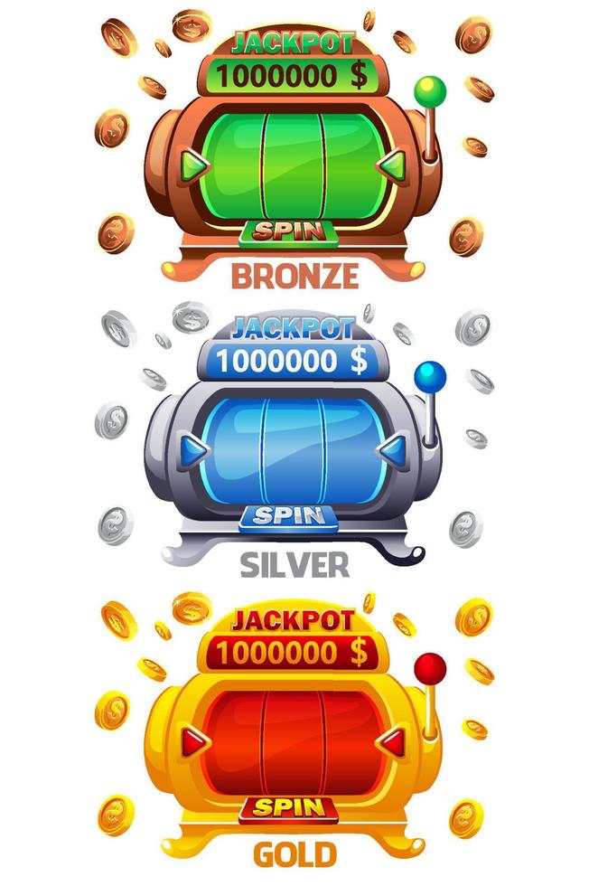 Set of slots machines- bronze, silver and gold. Slot machine for online casino and slots game. Coins explosion. vector