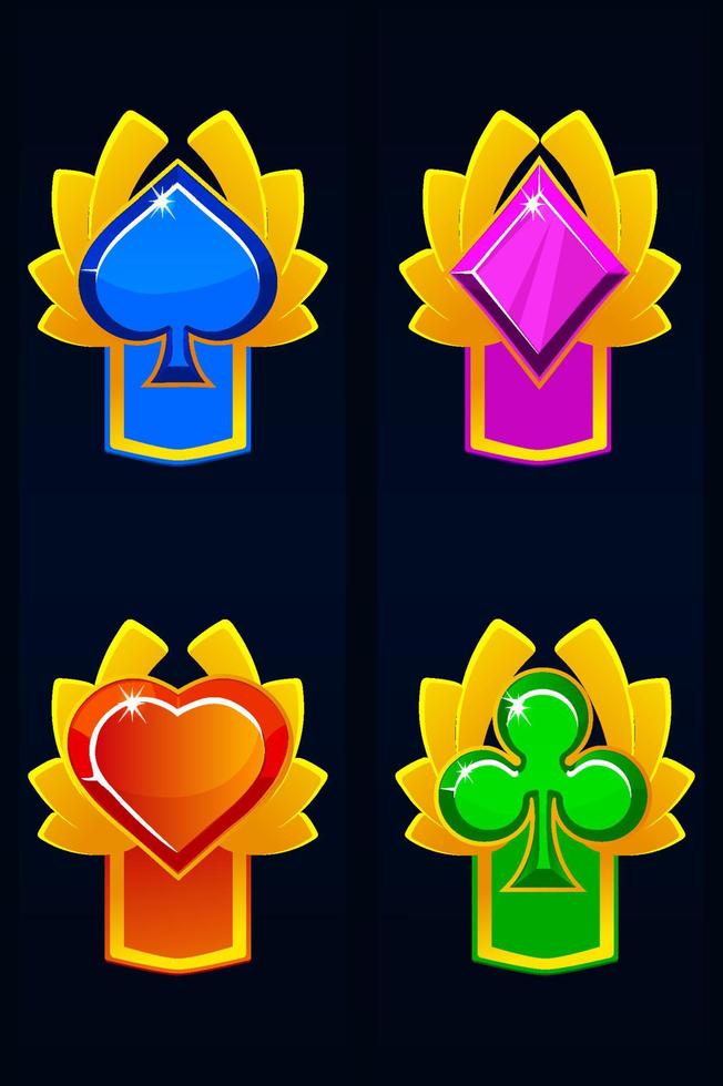 Set of colored award badges for casino. Heart, spade, club and diamond. vector