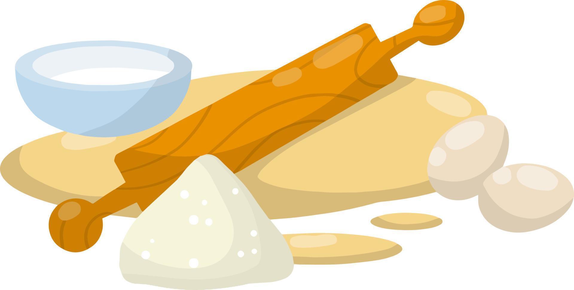 Rolling pin and dough. Wooden appliance for kitchen and cooking. Cartoon flat illustration. Preparation of bread and pastries. Set of Ingredients-flour, milk, egg. Kneading dough vector