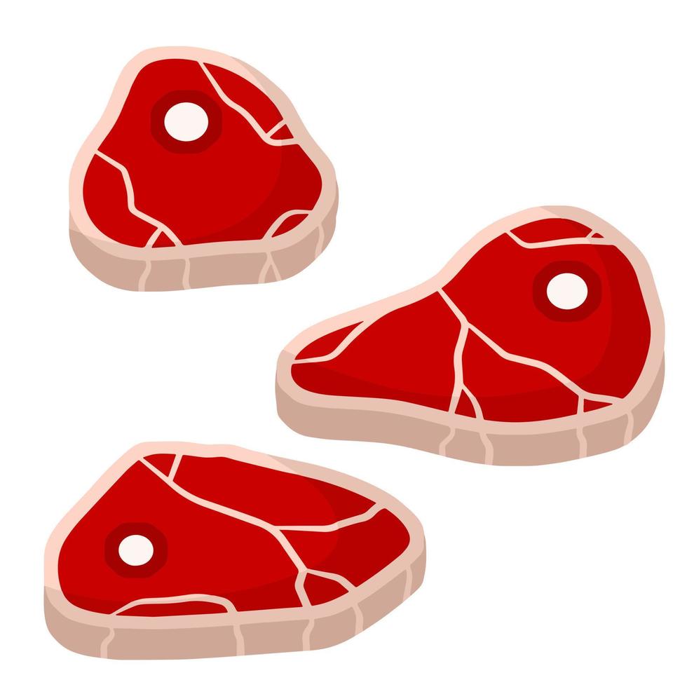 Piece of raw meat. Brown fried surface. Cartoon flat illustration. Cut off half beef piece. Element of kitchen, grill, BBQ, steak and delicious meal. Set of Fresh red food with streaks and fat vector