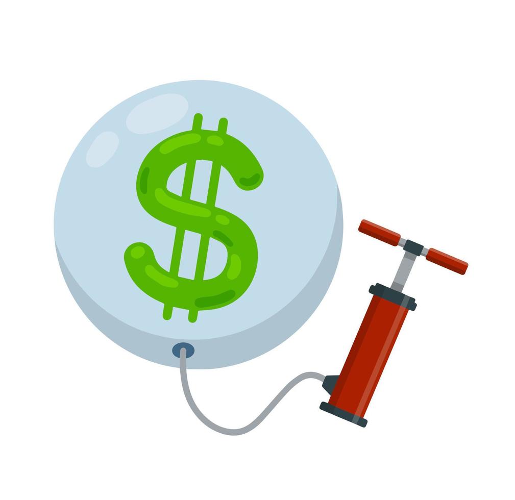 Balloon with dollars inflated with air pump. Business concert of economic crisis and inflation. Flat cartoon illustration isolated on white vector