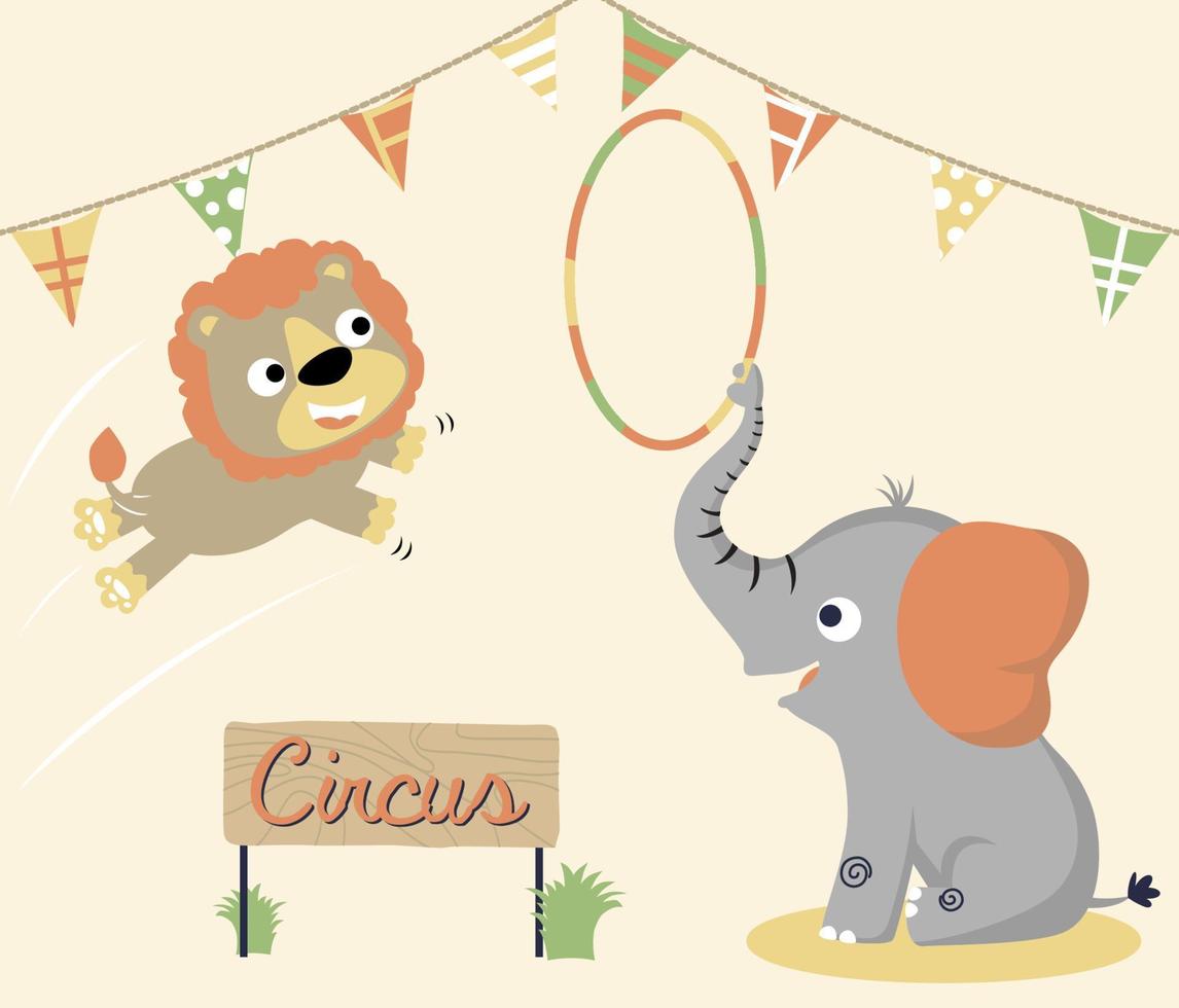 vector cartoon of cute lion with elephant in circus show