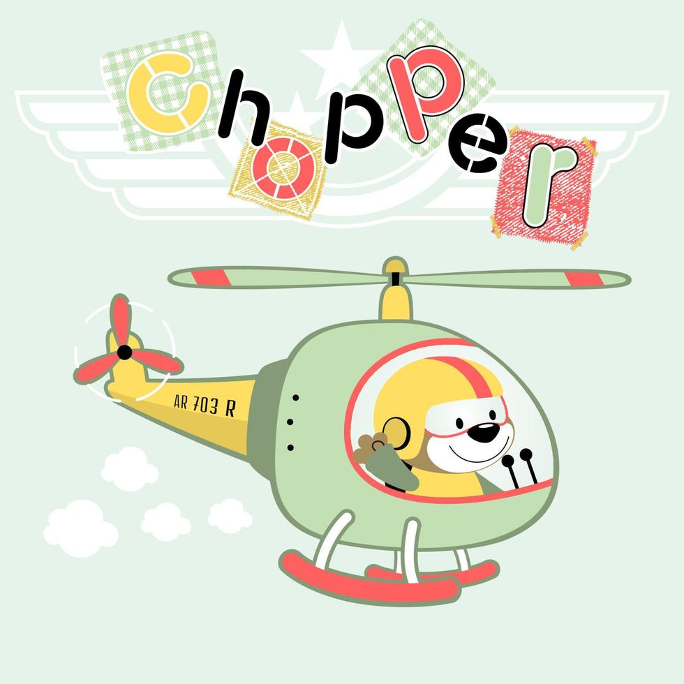 vector cartoon illustration of cute bear pilot on helicopter