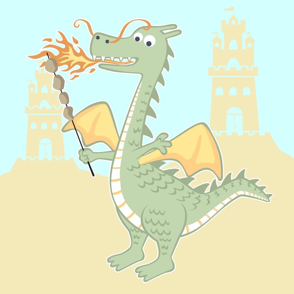 Funny dragon roasting meat with breathing fire on castle tower background, vector cartoon illustration