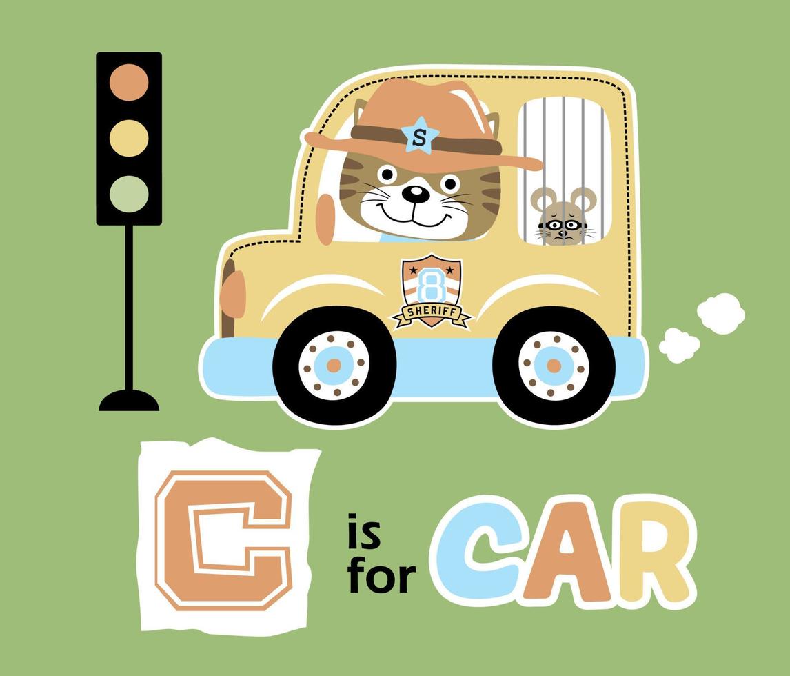 vector cartoon of funny cat the sheriff, driving prisoner vehicle catch with a criminal mice