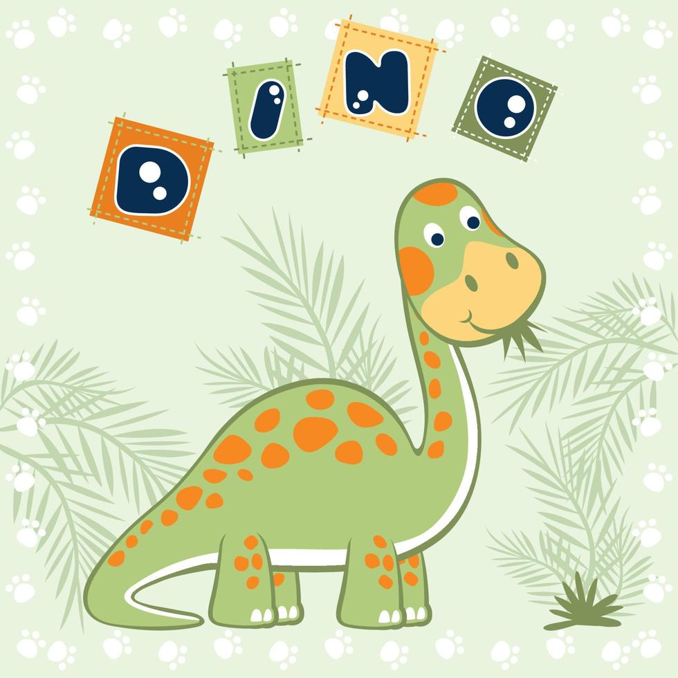 Funny dinosaur vector cartoon eating leaves in footpath frame border