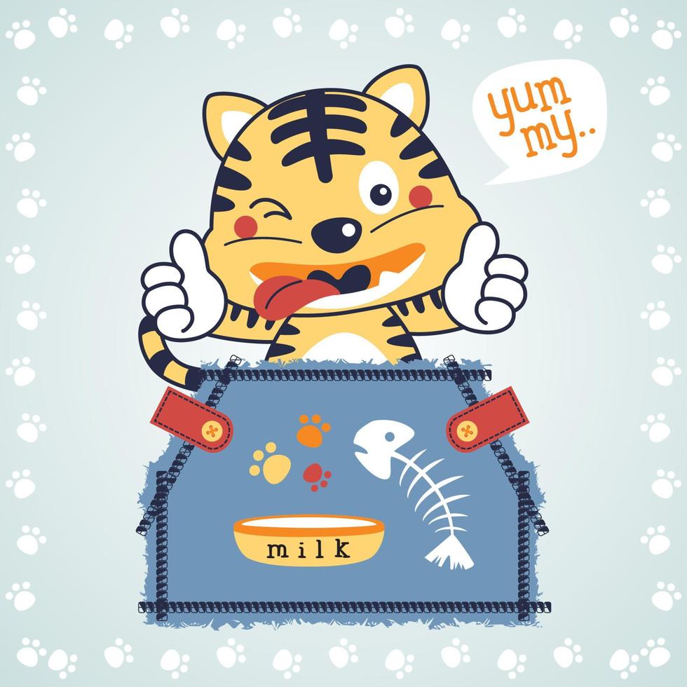 Funny kitten in pocket with it food menu in footpath frame border, vector cartoon illustration