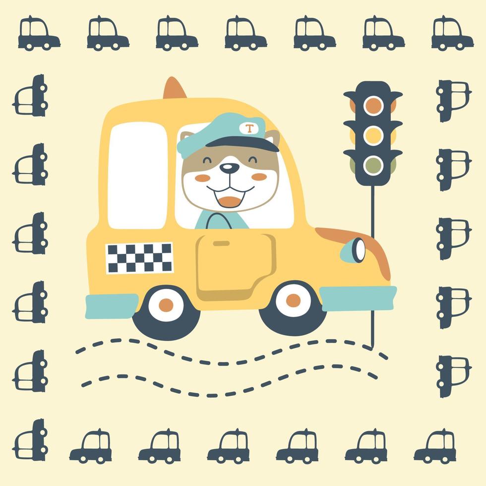 cute cat driving taxi in silhouette vehicles frame border, vector cartoon